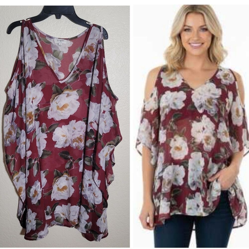 Umgee | Burgundy Floral Cold Shoulder Tunic Blouse Boho Flowy Oversized Sheer S